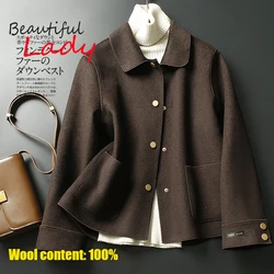 100% Wool Double-sided Tweed Coat Women's Short Wool Coat Women Autumn and Winter Women Vintage Short Brown Coat