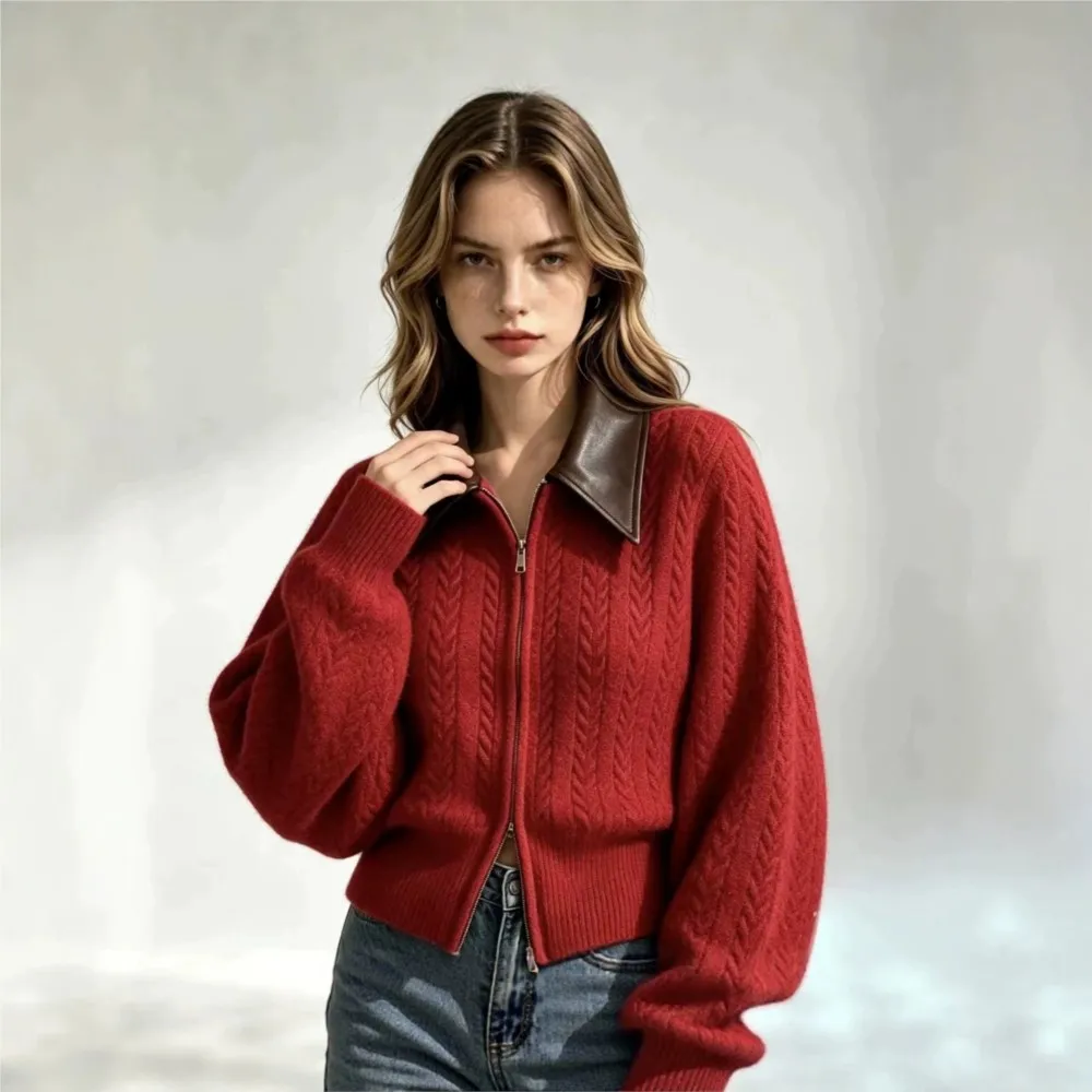 MsChuh Cardigan Collar Sweater Zip Up Cable Knit Long Sleeve Women's Sweaters And Pullovers Casual Autumn Slim Knit Outerwear
