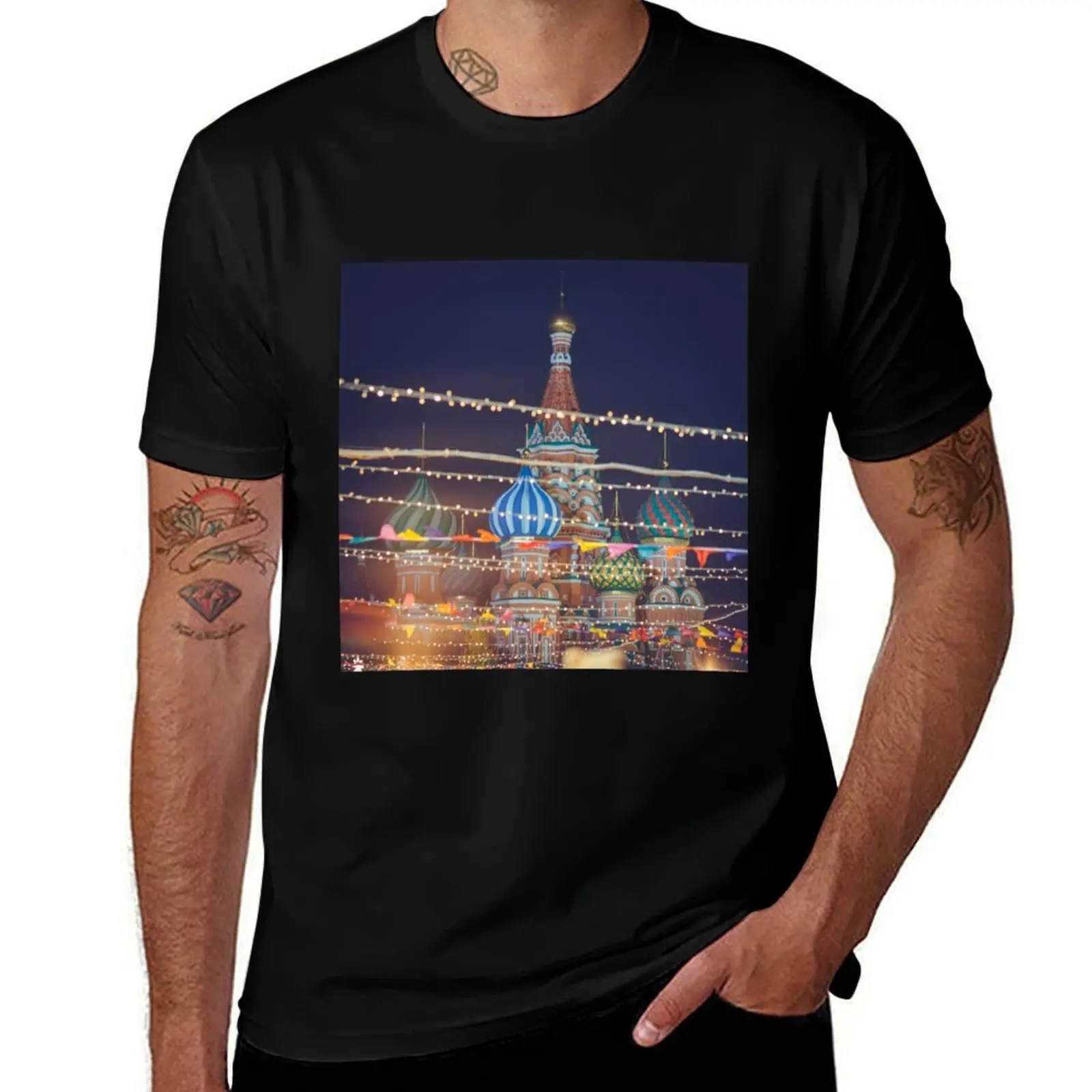 St Basil cathedral in Christmas in Moscow, Russia T-Shirt Comfortable Daily Wear Tee T-Shirt