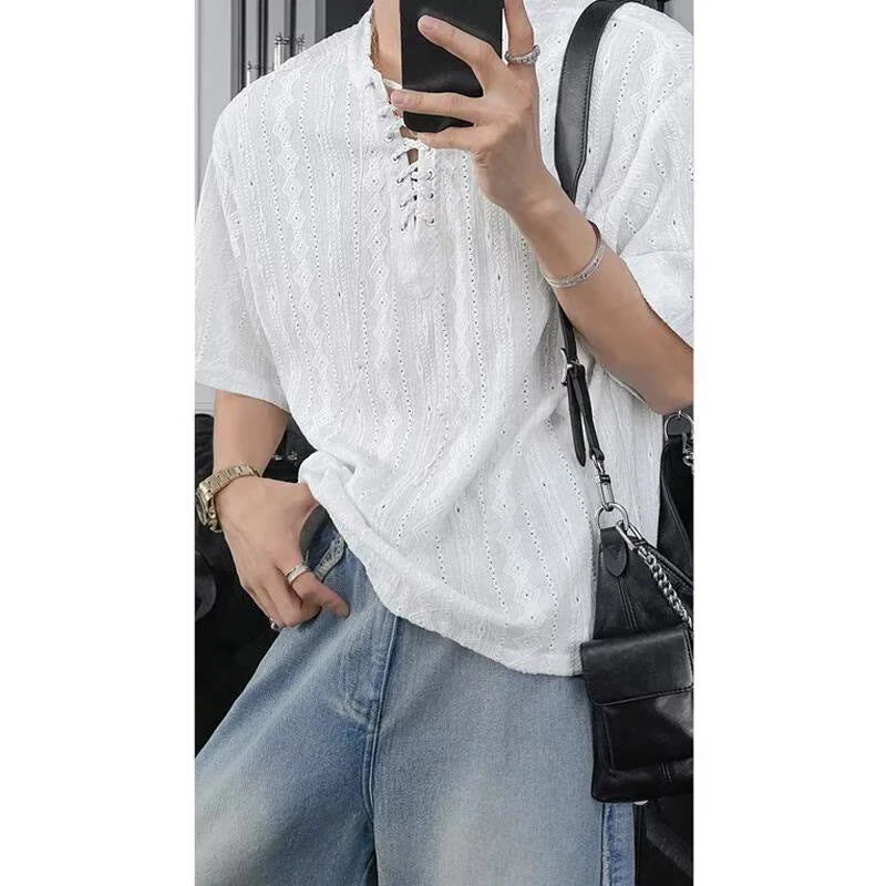 Men's Hollow Out Lace-Up Short Sleeve Shirt 2025 New Streetwear Harajuku Fashion Casual Loose Black Top Ins Style Y2K Trendy Tee