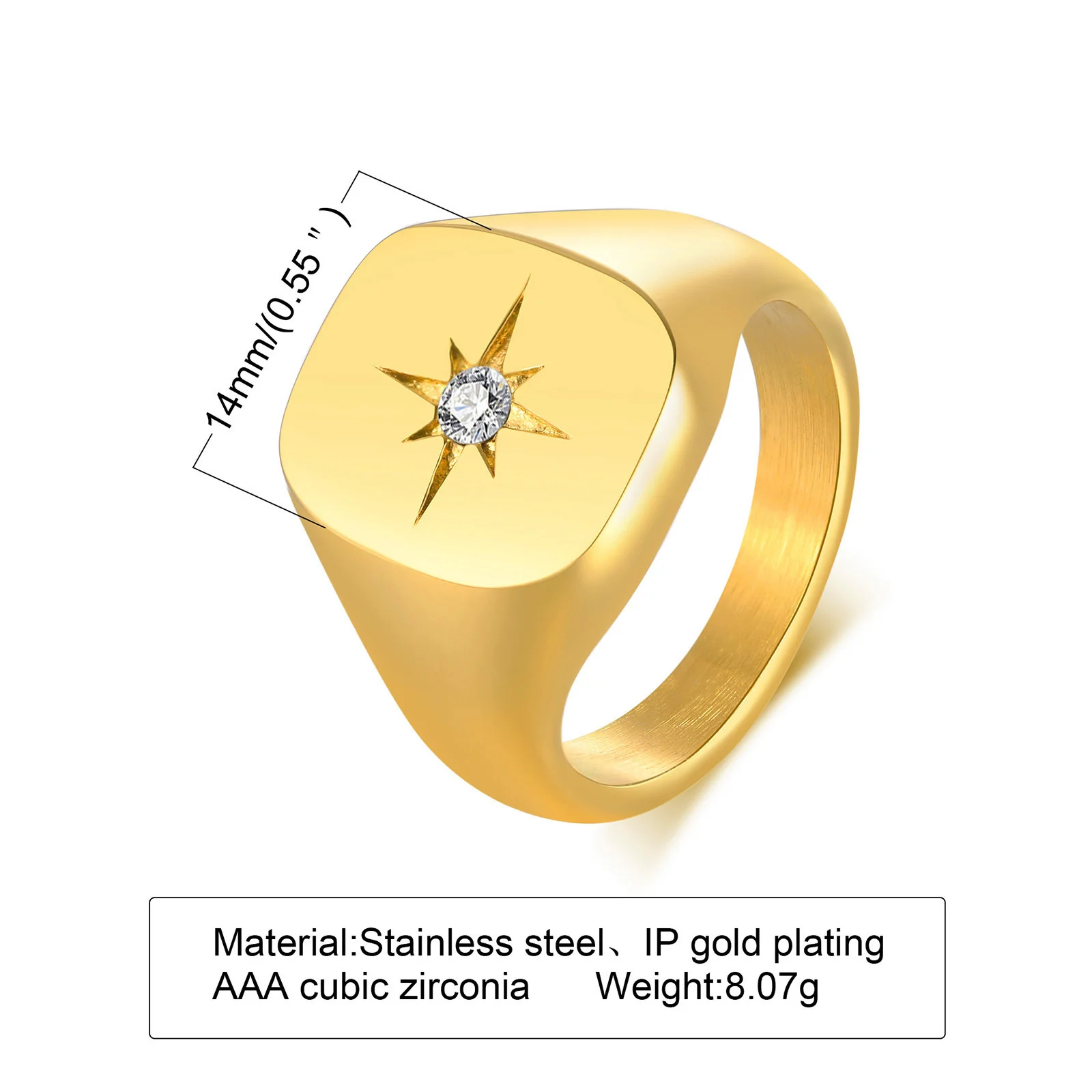 Women Fashion Star Signet Rings, Gold Color Solid Metal Square Round Top Stamp AAA CZ Stone Band, Chic Boho Cool Jewelry
