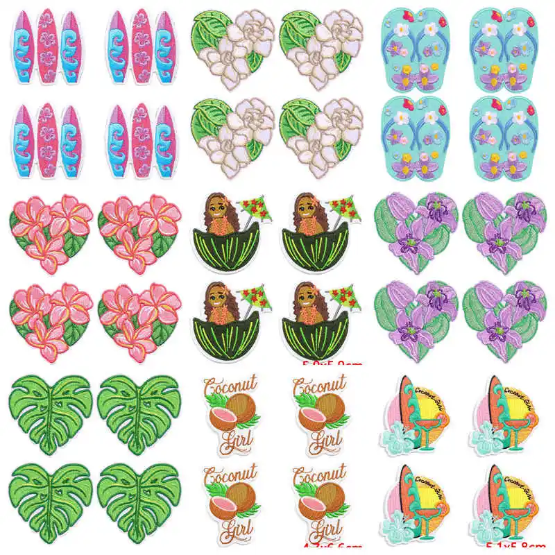 10Pcs Tropical Beach Embroidery Patches, Surfboard Flower Flip Flop Patch Iron On Patches for Clothing Backpack Jeans DIY Decor