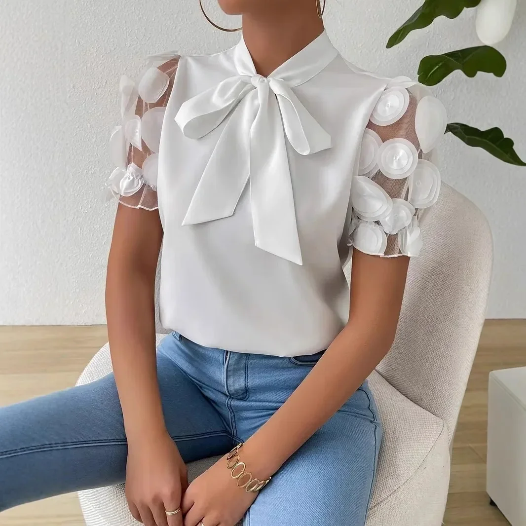 

Women Shirt With Tied Bow Neckline Solid Blouse Elegant Mesh Jacquard Women's Shirts White Office Short Sleeve Top