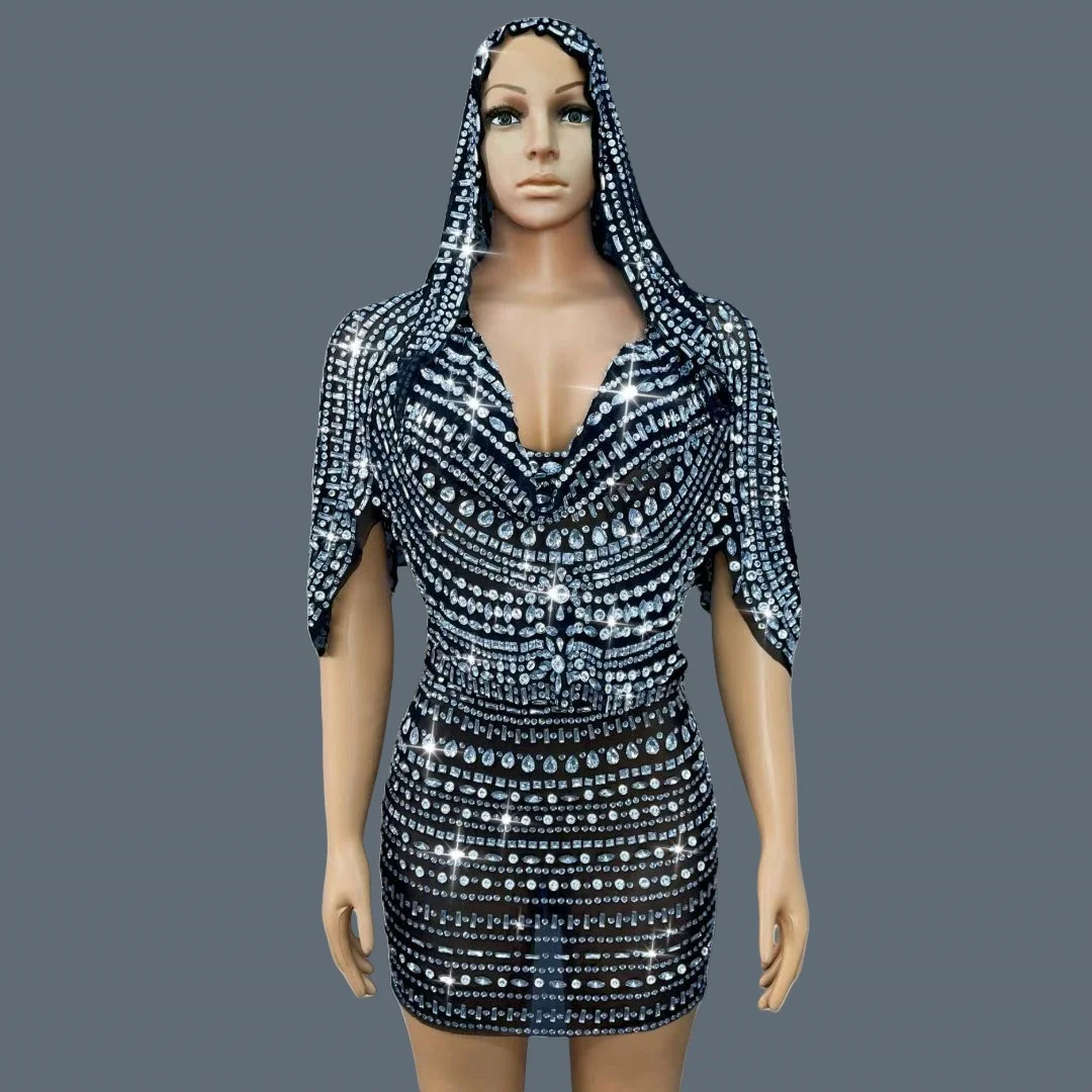 

Halloween Costume Hooded Crop Tops Mini Skirt 2Pieces Set Sparkly Rhinestone Crystals Costume Party Night Mini Dress Taotouyi