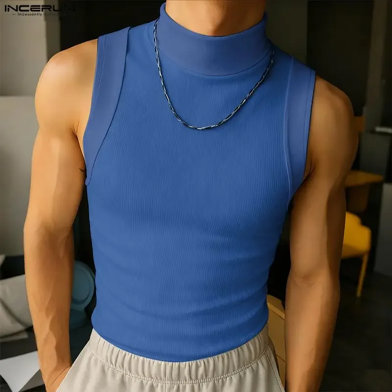 INCERUN hommes débardeurs couleur unie col roulé sans manches tricoté hommes gilets été Streetwear 2026 mode décontracté hommes vêtements