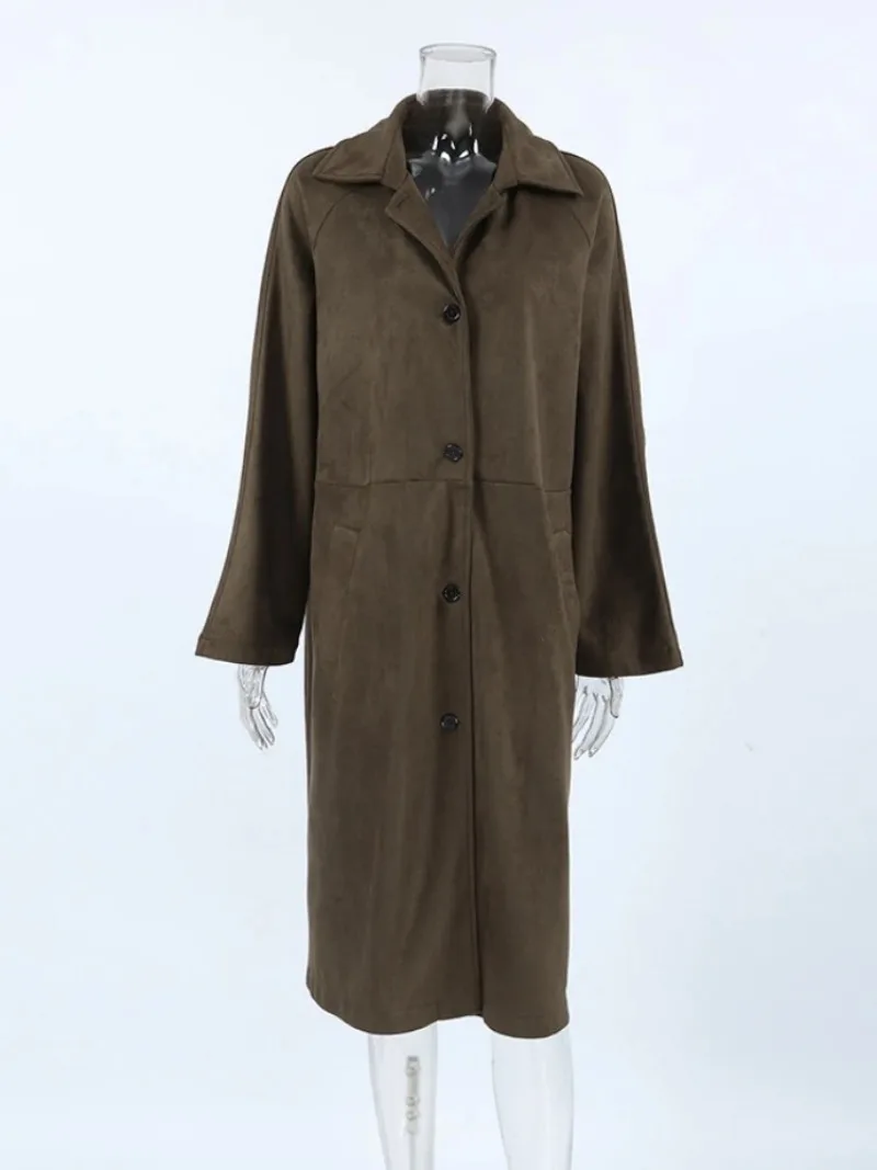 2025Nuevo en otoño Chaqueta larga de gamuza para mujer Casual versátil Retro europeo y americano marrón gabardina de manga larga para herramientas