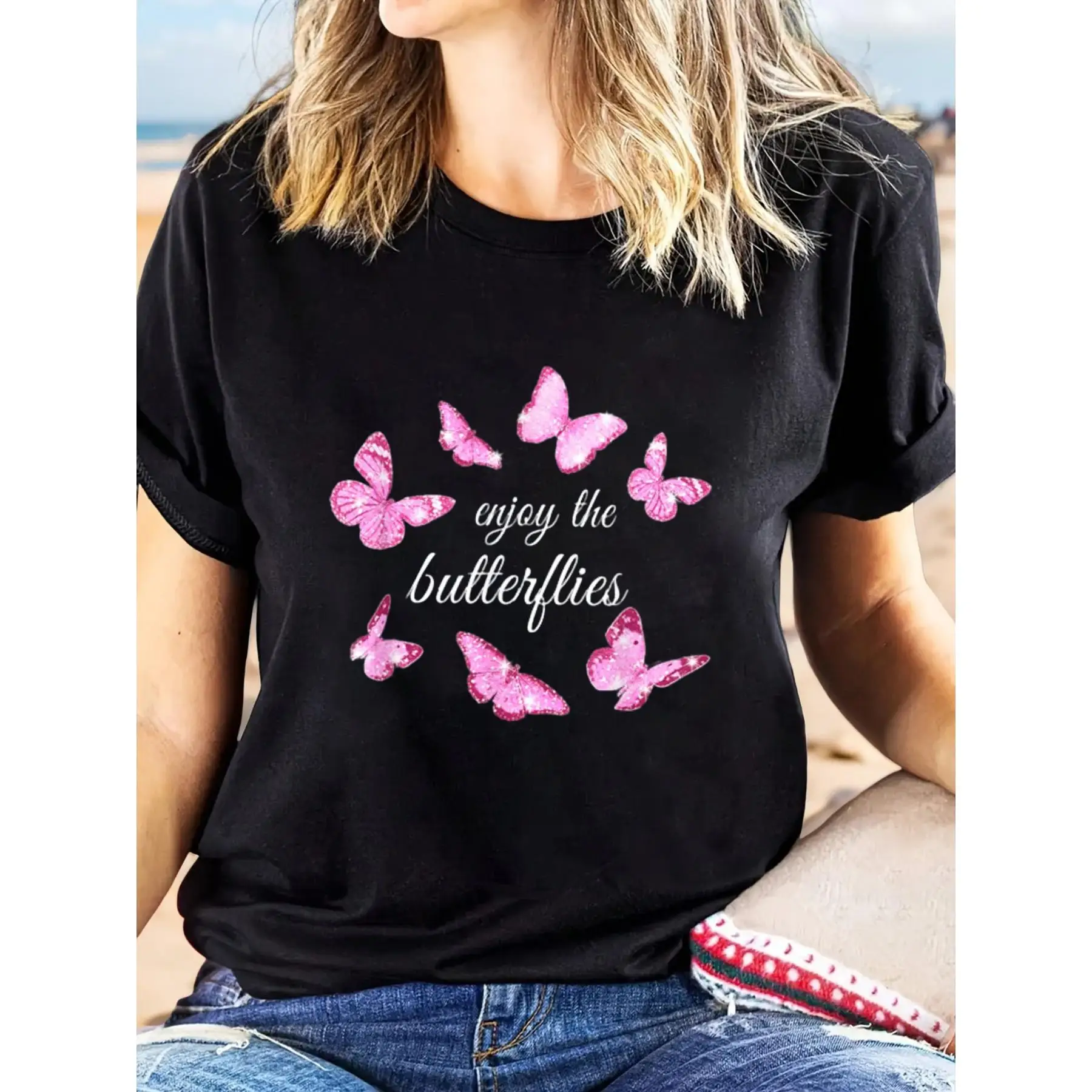 

1pc Women's Summer Casual T-Shirt with Pink Butterfly Applique - 100% Crew Neck Short Sleeve Top, Medium Stretch Knit Fabric