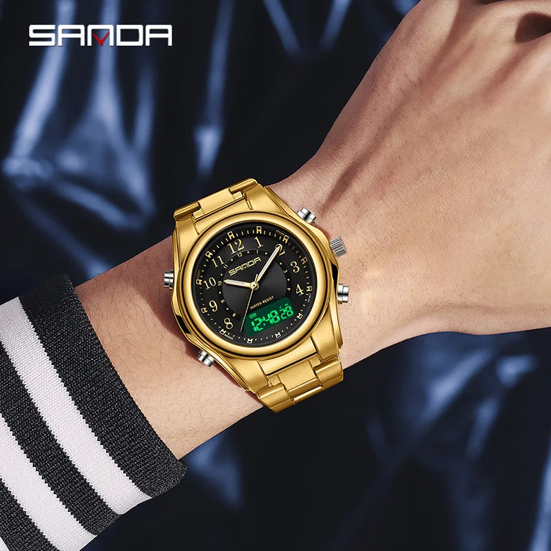 SANDA 3176 Fashion Men Quartz Watch Business Digital Dual Display Waterproof Luminous Wrist Watches for Man relojes para hombres