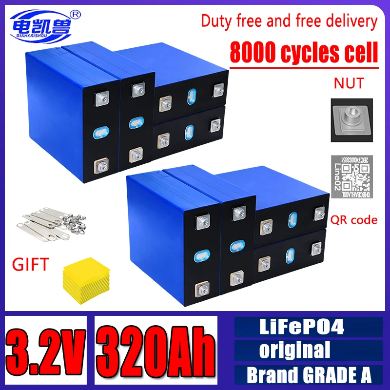 

NEW 8 PCS 3.2V 320Ah Lifepo4 rechargeable battery Grade A DIY 12V 24V 48V RV solar storage golf cart battery pack EU/US TAX-FREE