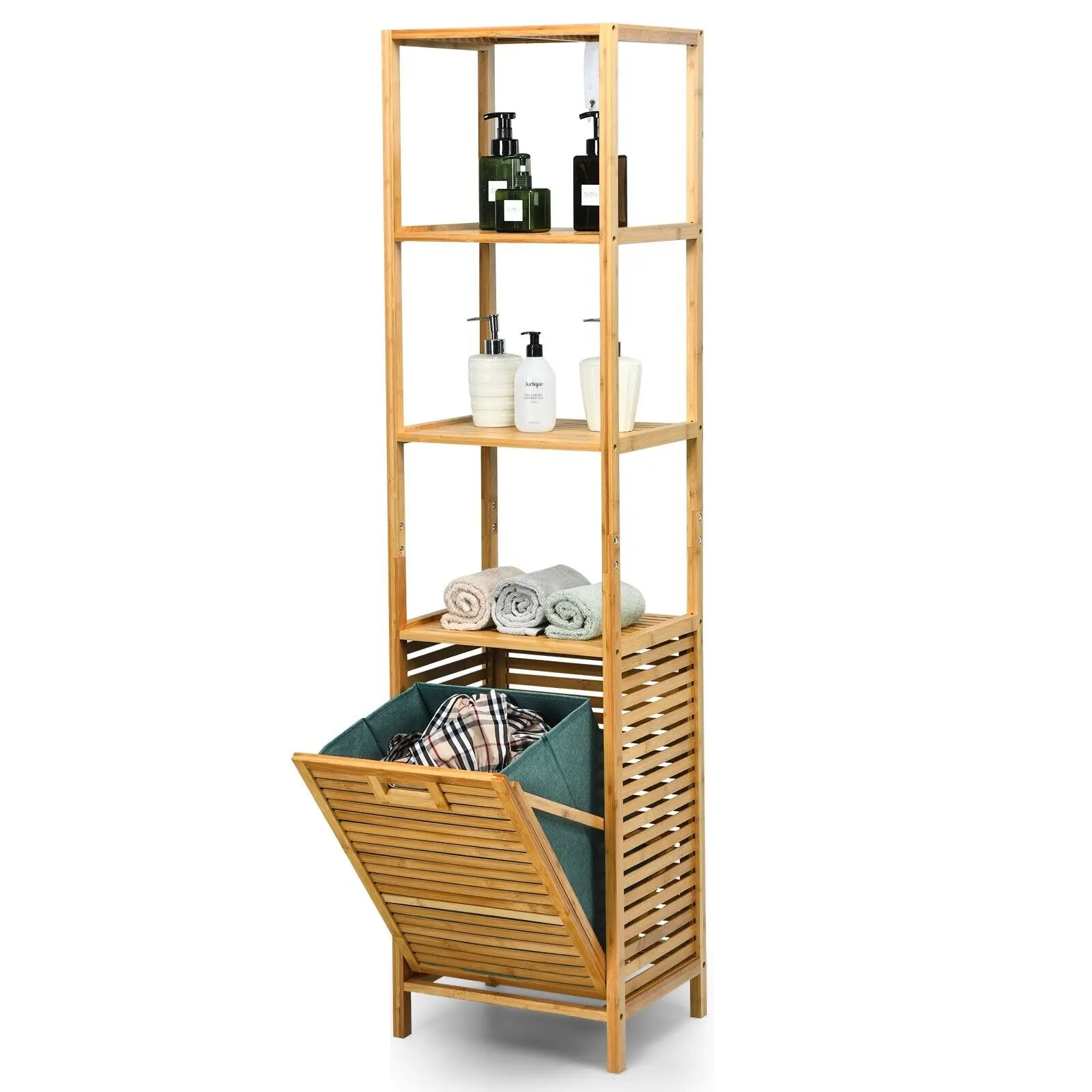 GOFLAME 3-Tier Bamboo Bathroom Tilt-out Laundry Hamper Storage Organise w/Laundry Basket