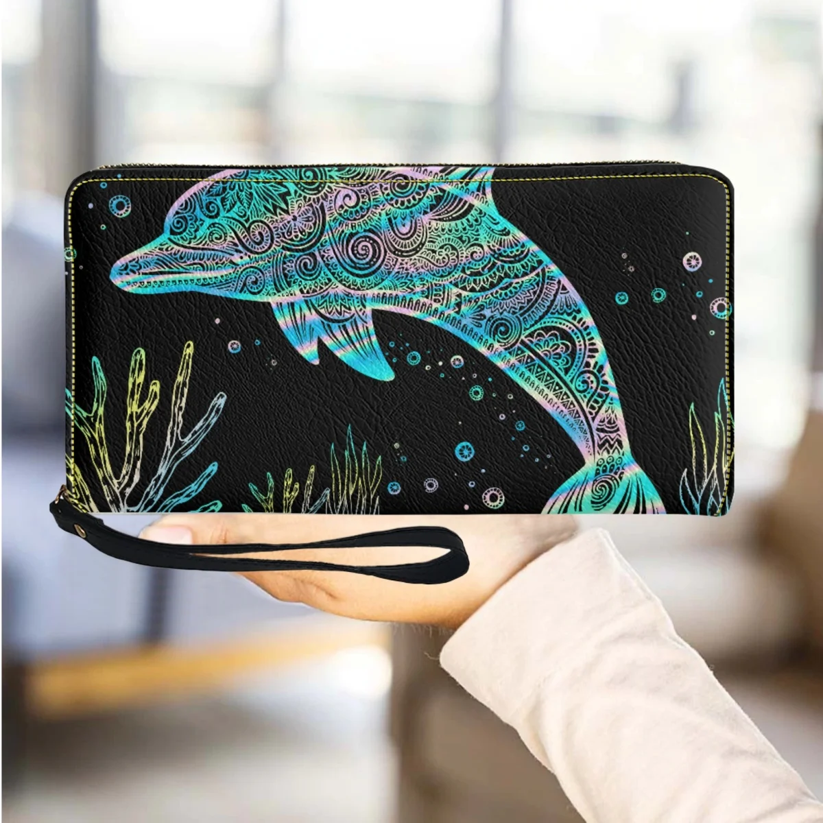 Personalized Dolphin Design Long Wallet Birthday Gift New Fashion Clutch Custom DIY Tote Bag Ladies PU Leather Wristband Wallet