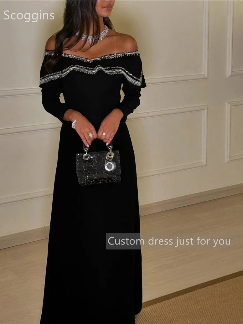 Scoggins فساتين سهرة Customize Black Elegant Vintage Black Beading Sequins Boat Neck Sexy Formal Occasion Prom Dress Evening