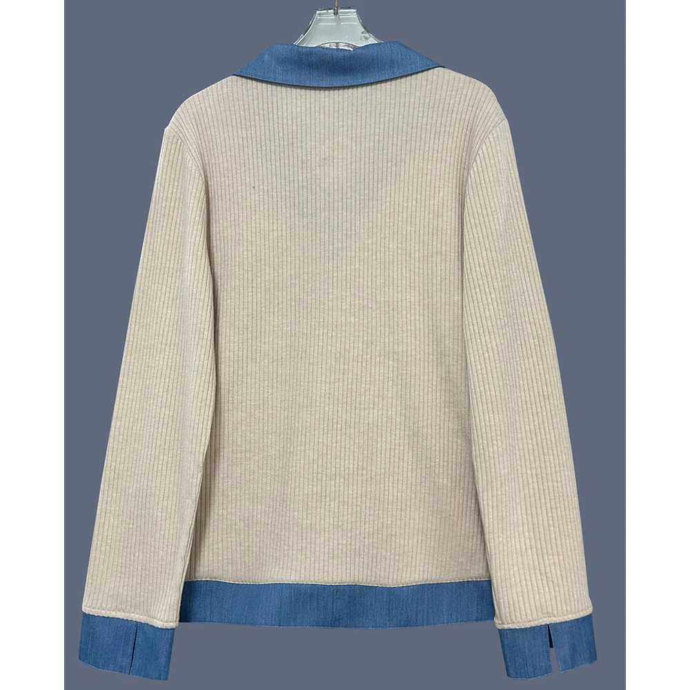 Trendy V-Neck Denim Collar Patchwork Sweaters European American Style Long Sleeve Knitted Pullover Tops Casual Loose Sweater