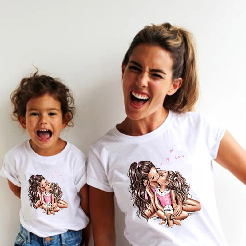 New Mother Kids Family Matching Outfits White Short Sleeve Mother and Daughter Clothes Mommy and Me Family Look Summer Tshirts