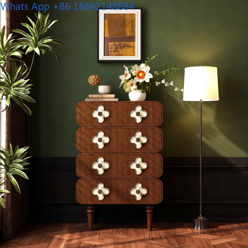 

French Retro Four-Leaf Solid Wood Storage Cabinet for Bedroom Wall-Mounted Living Room Vintage Sideboard