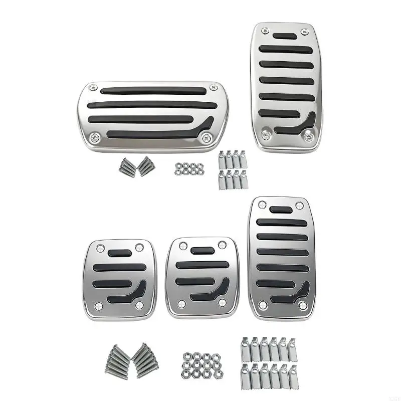 Non-Slip Car Pedal Covers,Brake and Gas Foot Control Cover Set, Silver Black Metal Pads with Anti-Slip Strips for Commute X37F