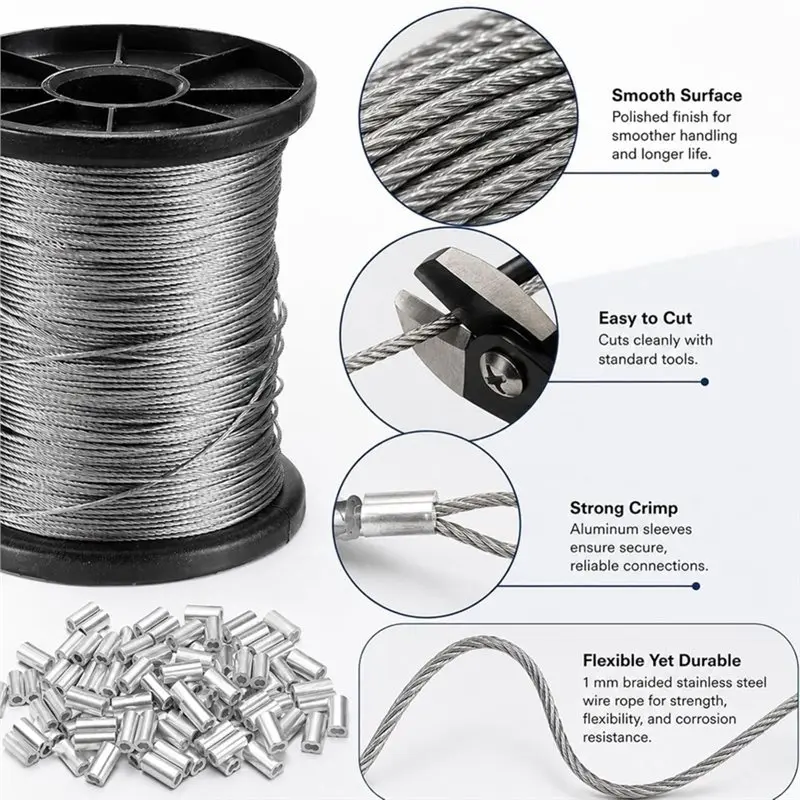 FYBL-1 Mm Wire Rope Stainless Steel Cable 50 M With 50 Aluminium Crimp Sleeves For Versatile Use