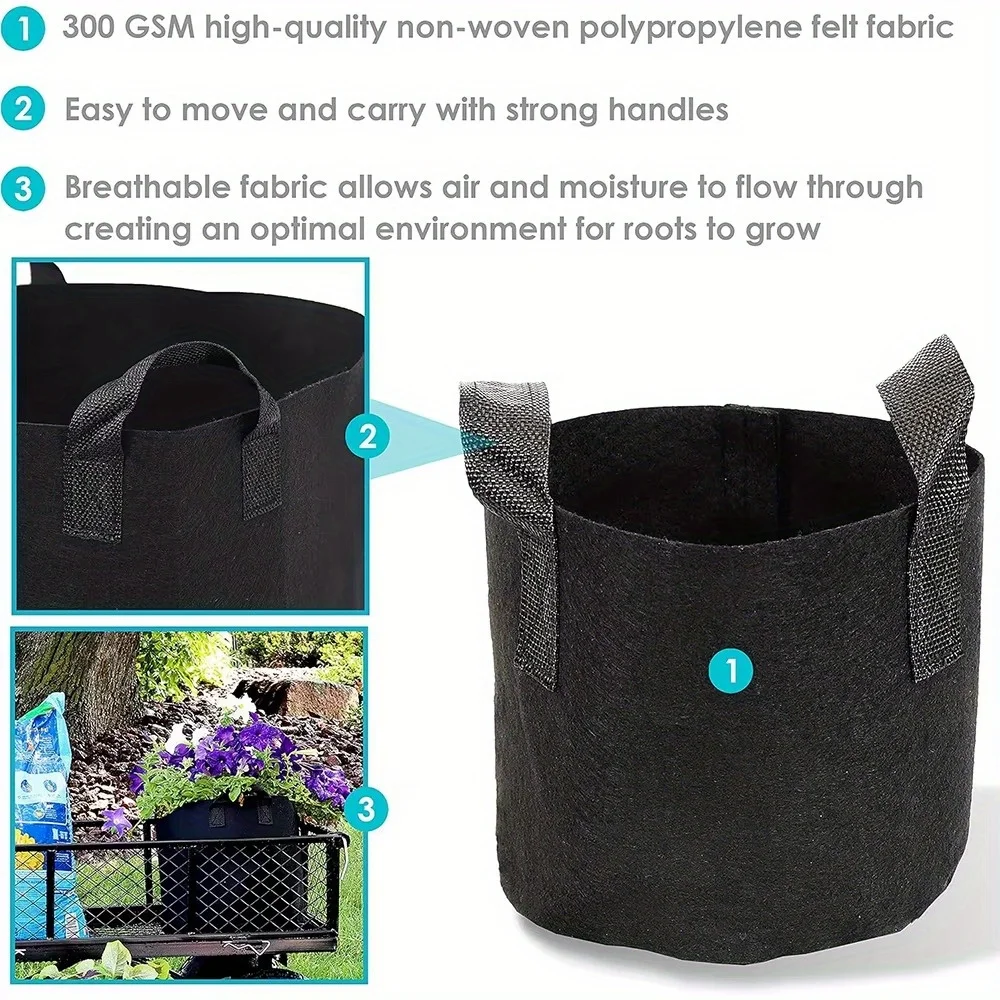 5-Pack Grow Bags/Aeration Fabric Pots with Handles(Available Capacities: 3 Gallon，4 Gallon, 5 Gallon, 7 Gallon, 30 Gallon)