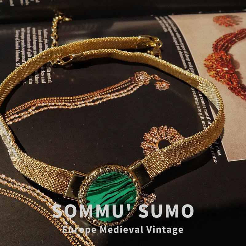 

Malachite Necklace Earrings Rough Green Stone Original Design Versatile Silver Needle Necklace Set