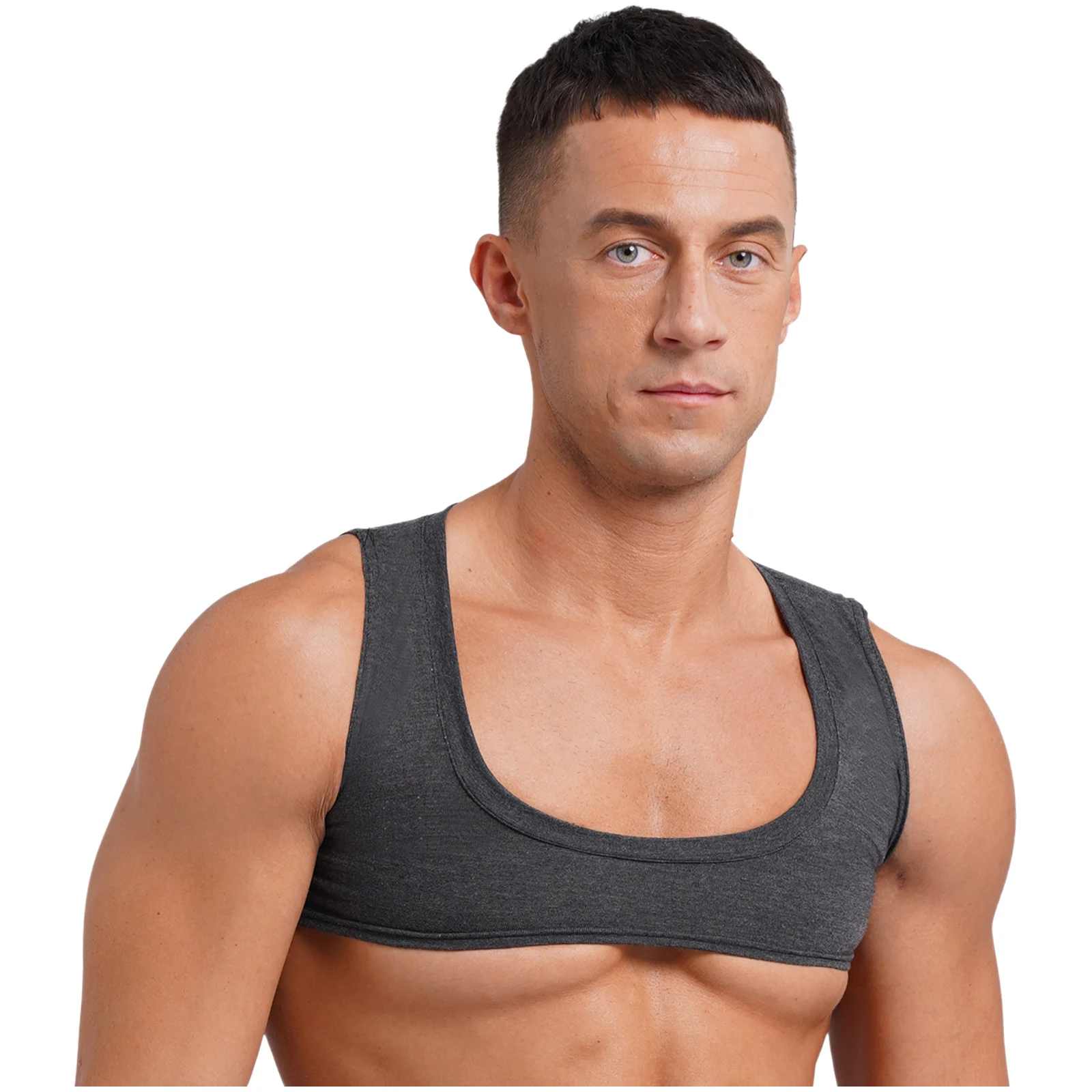 Mens Sexy Muscles Showing Off Crop Top Low Scoop Neck Sleeveless Solid Color Tank Top Vest for Bodybuilding Disco Nightclub