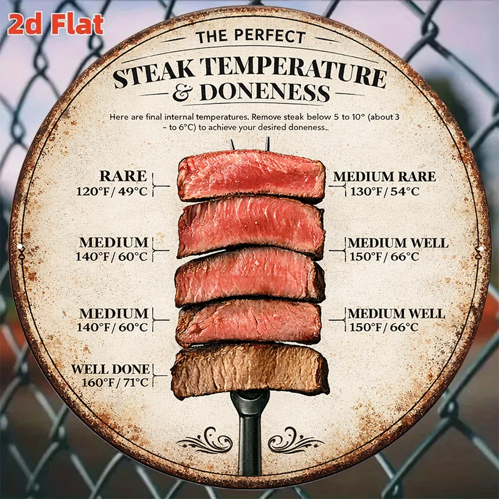 2Dflat1pc 8 X 8 Inches/20 X 20 Cm 2D Flat Circular Sign, Vintage Plaque about Steak Cooking Temperatures, Steak Doneness Guide D