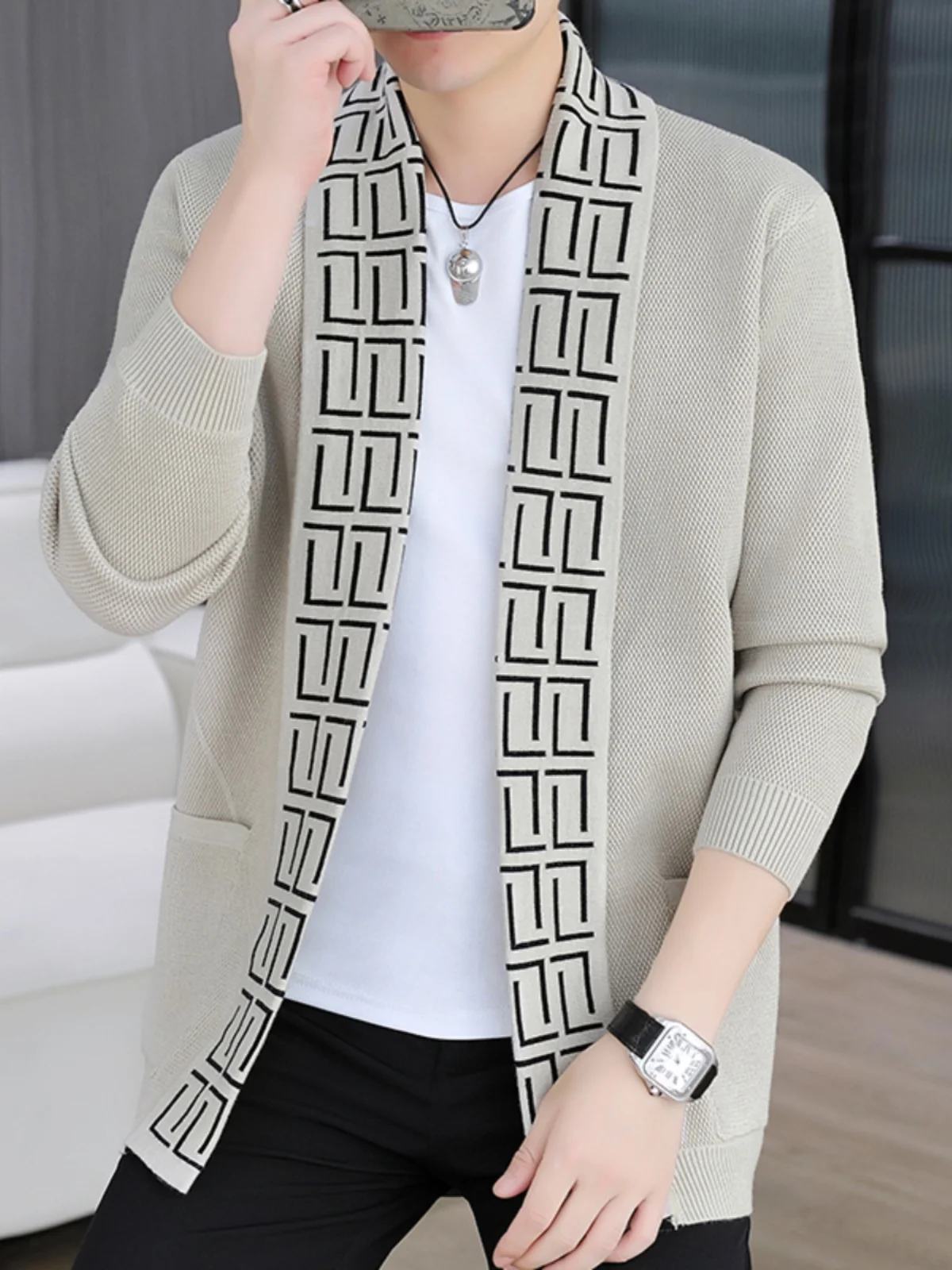 

Модный вязаный кардиган для мужчин, повседневный, в корейском стиле, молодежный, модный свитер-пальто на весну-осень, с длинным рукавом