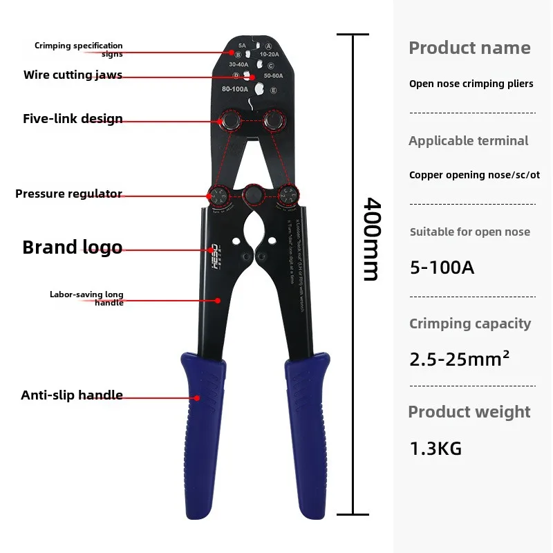 Copper open nose OT wire nose U-shaped bare terminal clamp crimping pliers 5-200A joint manual cold