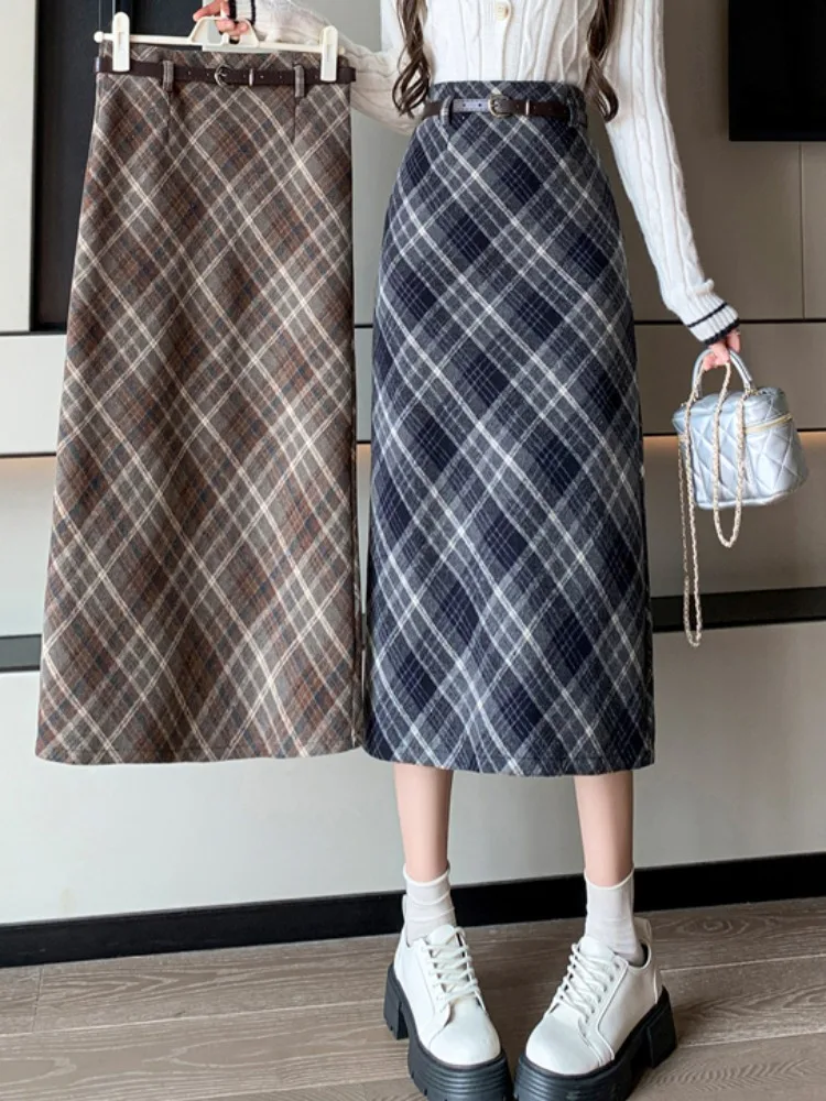 Spódnica wełniana w kratę z wysokim stanem damska jesienno-zimowa prosta spódnica w kształcie litery A o średniej długości spódnica kopertowa słodka elegancka