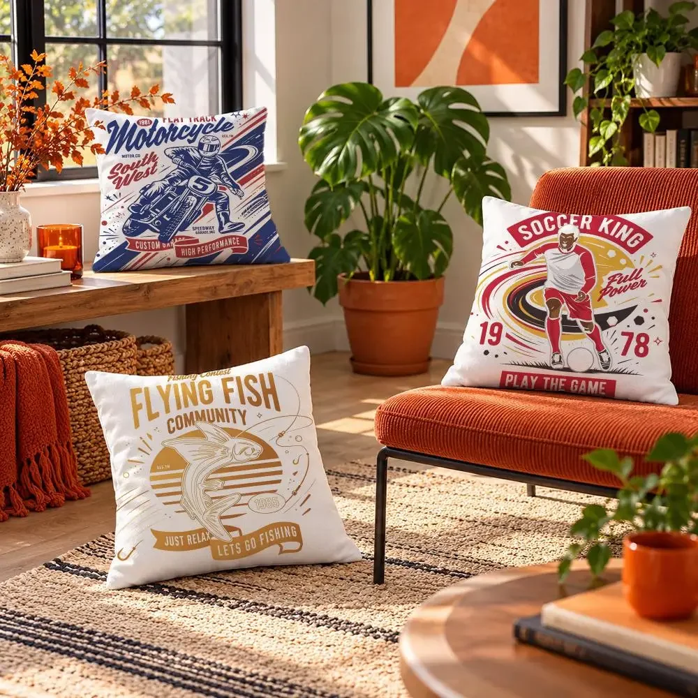 art Retro Badge Hobby Graffiti Cushion Cover Short Plush Throw Pillow Cover Soft Cozy Cushion Case for Sofa Bedroom Home Decor