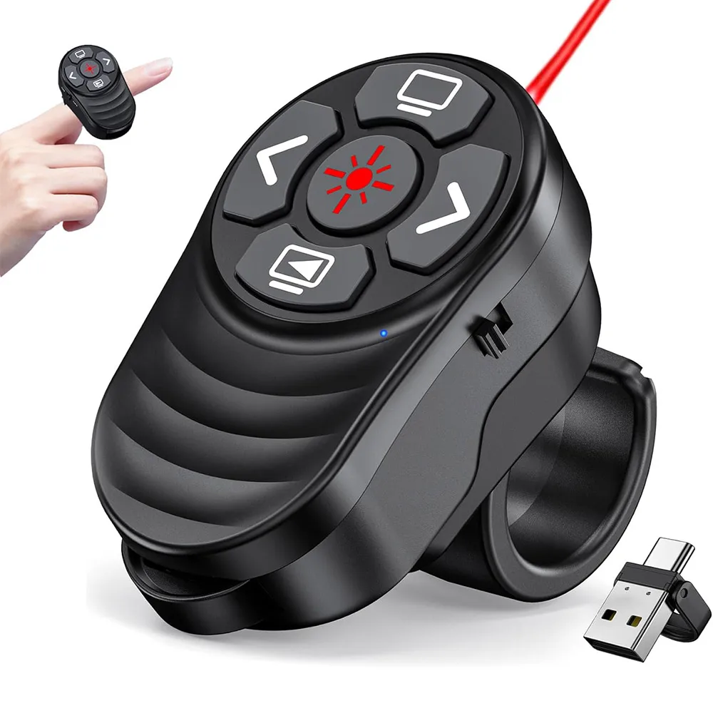 Clicker de présentation sans fil USB Type C, Rechargeable, télécommande PPT, anneau de doigt avec lumière rouge et contrôle du Volume