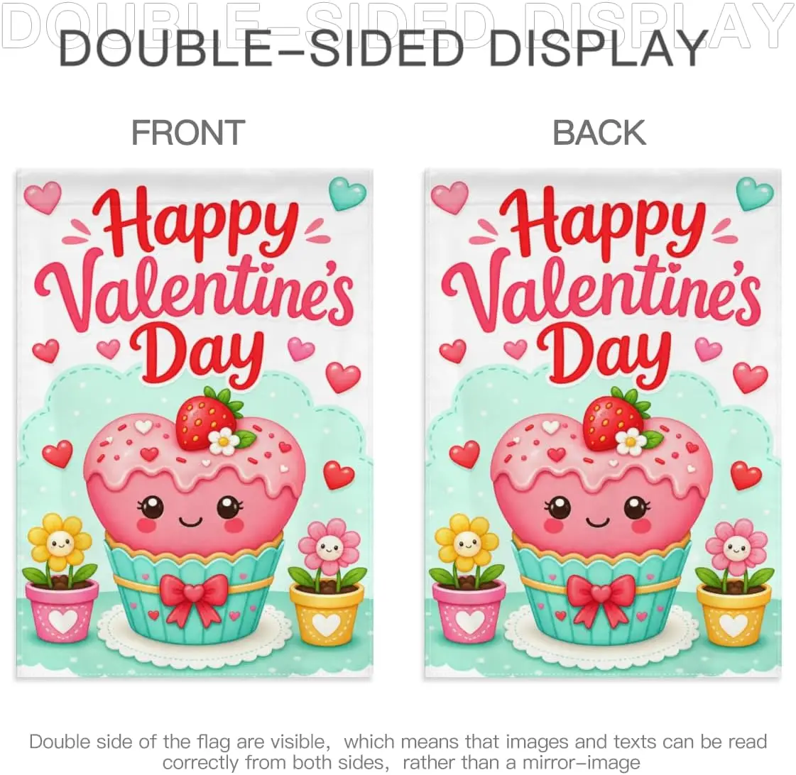 Valentine Cupcake Garden Flag Cute Cupcake with Hearts and Small Flowers Happy Valentines Day 28x40 Inch Double Sided Polyes xxl