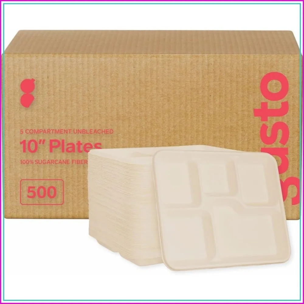 Compostable 5 Compartment Kraft Paper Plates 10 Inch, 500 Pack Sugarcane Trays, Eco Friendly