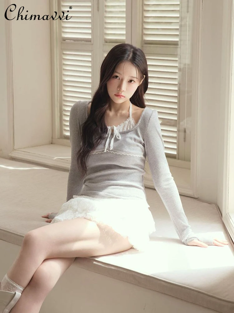 Japanese Sweet Lace Patchwork Lace-Up Fake Two-Piece Stretch Long Sleeve T-Shirt Autumn New Fashion Slim Fit Elegant Women's Top