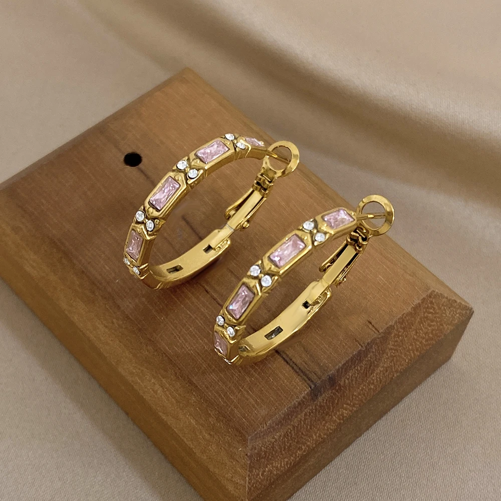 Vintage Huggie Hoop Earrings Jewelry for Women Gold Plated Stainless Steel Pink Clear Rectangle Crystal Waterproof Earrings Gift