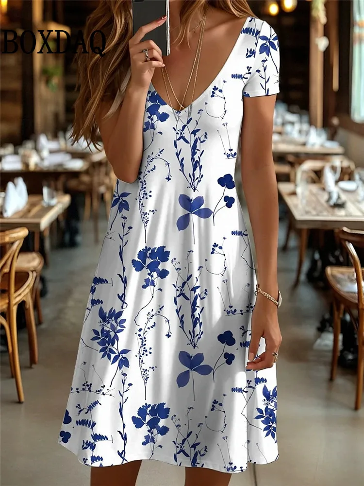 Summer Vintage Flowers 3D Print Women's Dresses For 2025 Short Sleeve Dress  Retro Casual V-Neck Pullover Loose Plus Size Clothes - AliExpress 200000345