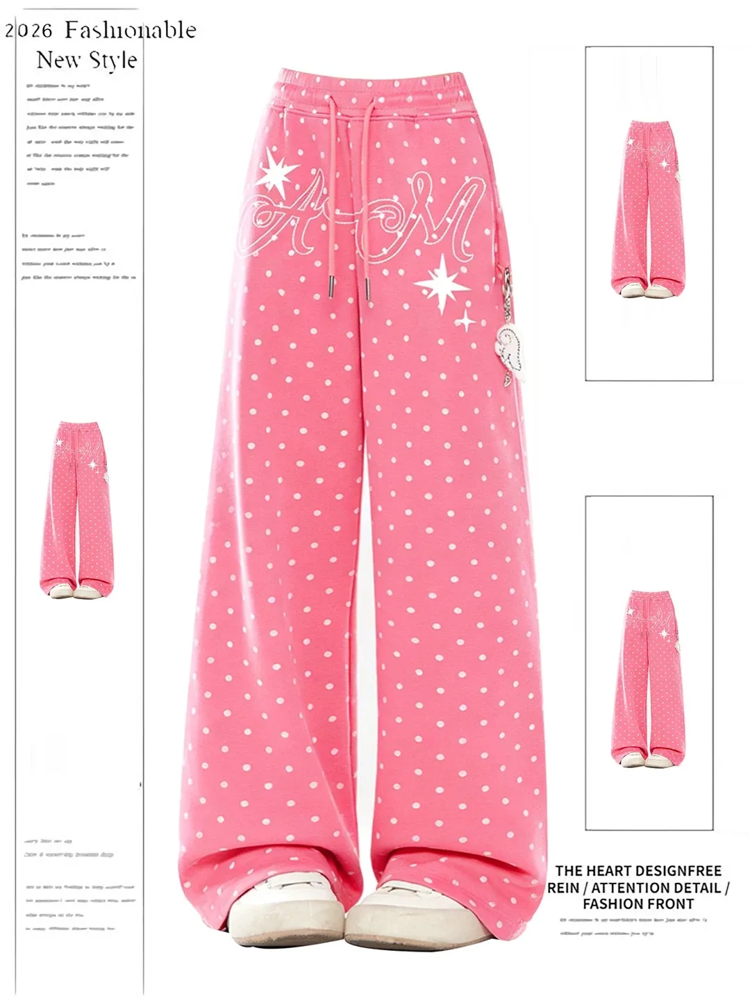 

Dopamine Pink Polka Dot Casual Pants Women Summer Autumn New Trend Loose Slimming Dancing Wide Leg Sweatpants High Waist Elas...
