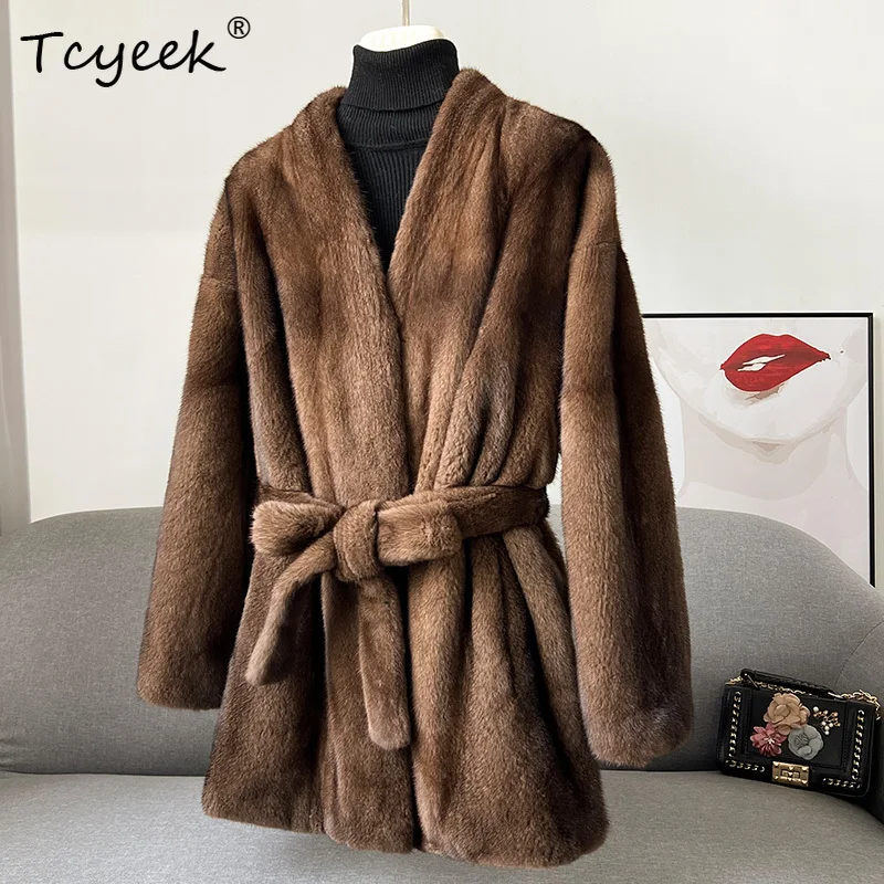 Tcyeek Natural Mink Fur Coat Women Winter Clothes Lace-up Real Fur Coats Woman Whole Mink 2025 New in Outerwear Abrigos Mujer