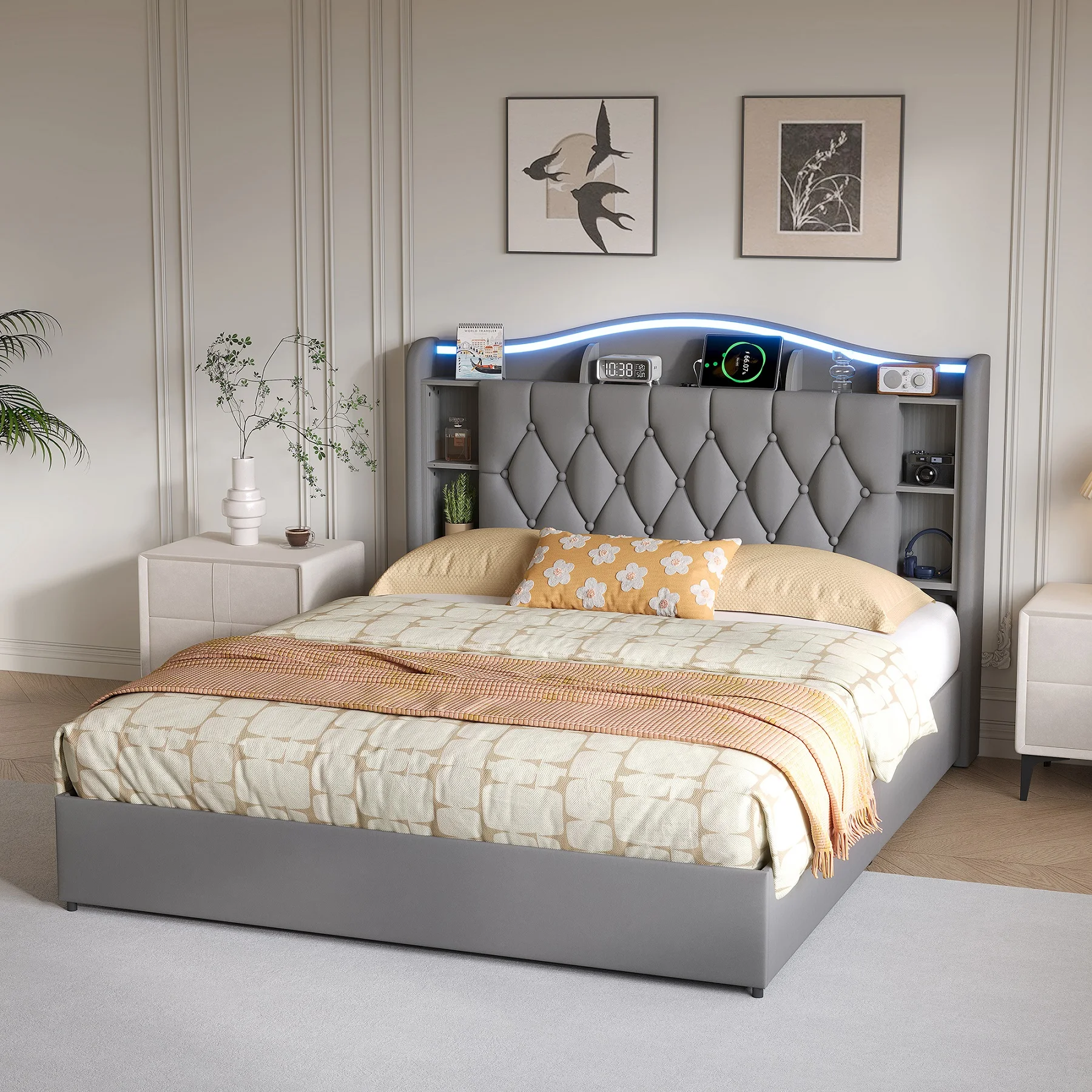 Rosahqnda Bett 140x200cm mit LED & USB und Stauraum im Kopfteil, gepolstertes hydraulisches Doppelbett, 160x190/200cm, Samt, ohne Matratze