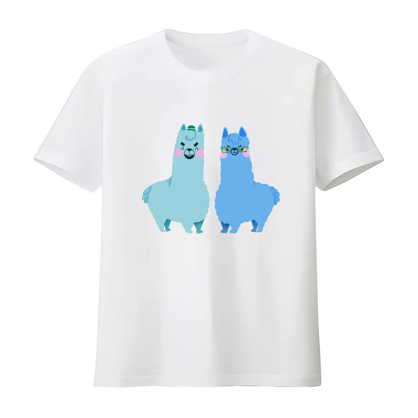 Llama/Alpaca - Cute Green and Blue Cartoon Animal Pattern T-Shirt Summer Casual Cotton Tee Oversized Streetwear Tops