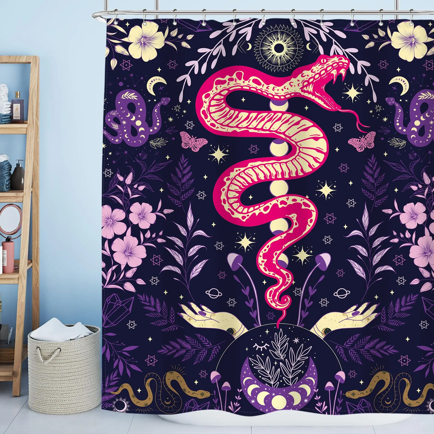 Witchy Gothic Snake Shower Curtain Purple Pink Flowers Mysterious Moon Phase Plant Leaf Bathroom Curtains Decor Set with Hooks