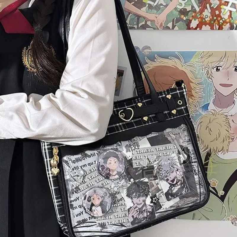 

Heart Rivet Lolita Girls Itabag Plaid Spliced Y2k Shoulder Bag Transparent Harajuku Messenger Bag Anime Japanese Kawaii Pain Bag