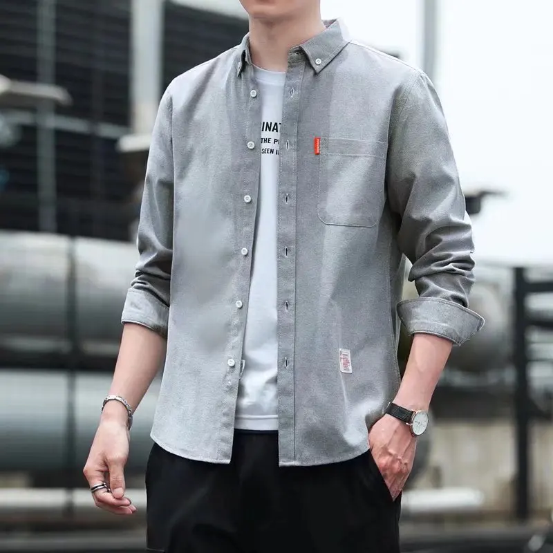 Summer New Men's Pure Cotton Oxford Weave Iron-Free Business Shirt Casual Slim Fit Vintage  Color Long Sleeve Men's Jacket