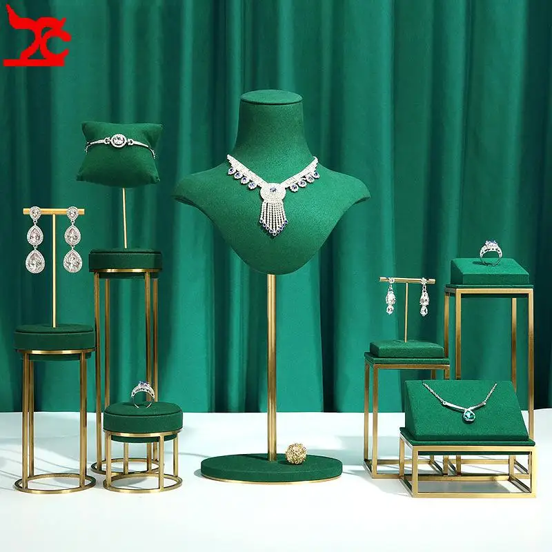 

Luxurious Green Microfiber Jewelry Counter Display Stand with Metal Rack Exhibitor Set Jewelry Organizer Rack Necklace Holder