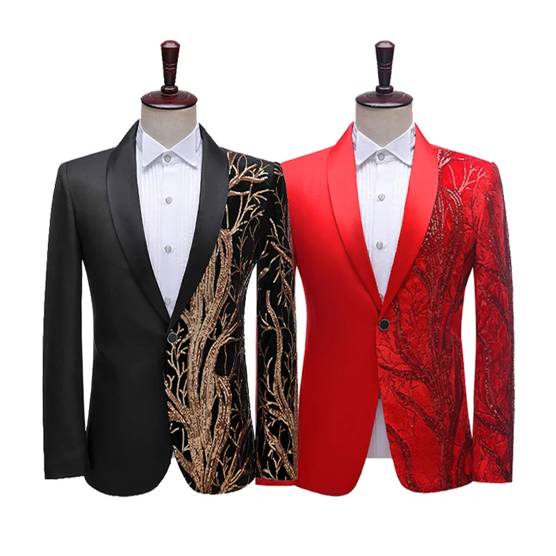 

2025 Red Fashion Statement Sequined TreeBlazer for Men,Stage Performance Costume ,Studio Photography/Bar DJ /Host Men's Jacket