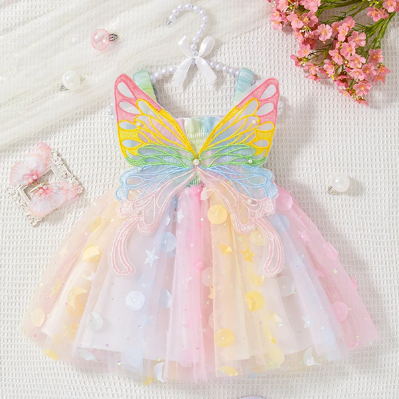 Baby Girl Dress Summer Mesh Sequin Butterfly Suspender Girl Princess Dress Cute Flower Girl Dress Birthday Party Dress