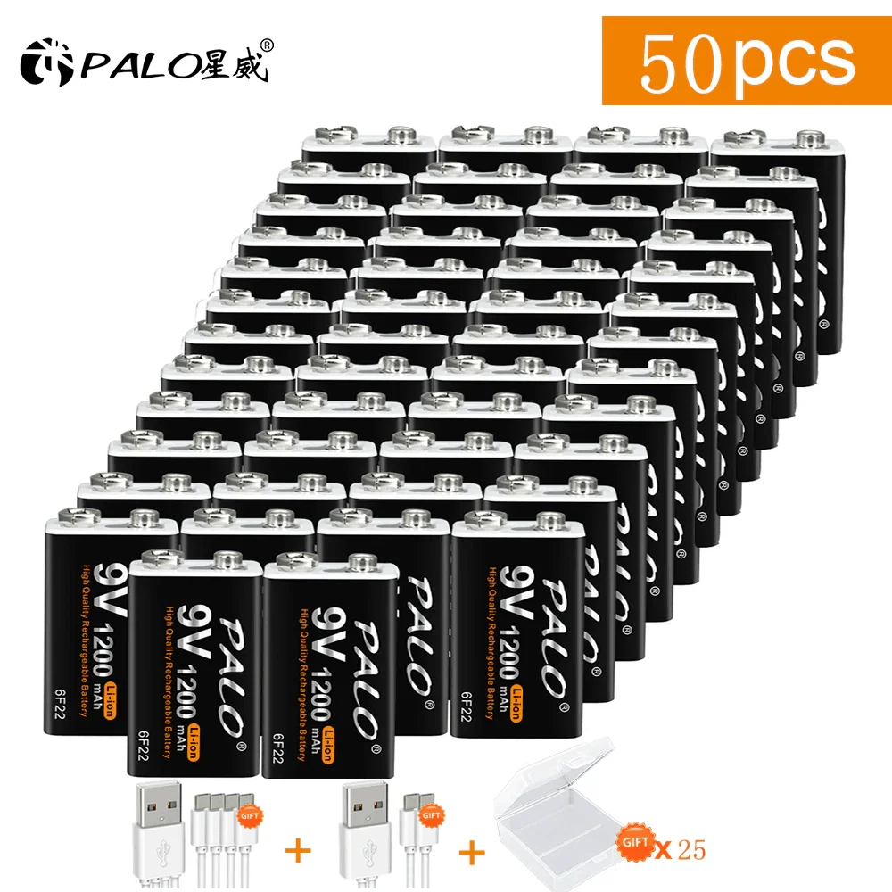 50Pcs Usb ชาร์จ1200MAh 9โวลต์ Li-Ion แบตเตอรี่แบบชาร์จไฟได้6F22 9V LiIon แบตเตอรี่ลิเธียมสำหรับเฮลิคอปเตอร์ควบคุม...