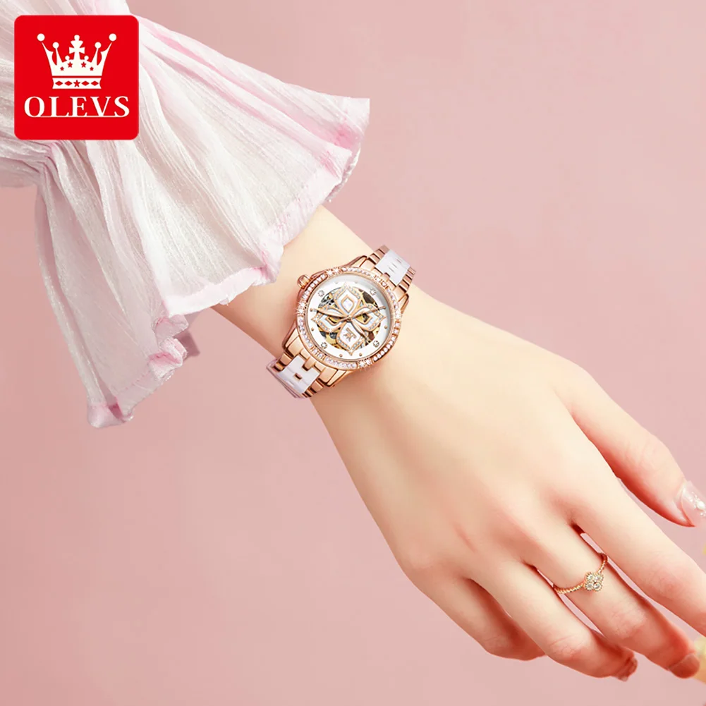 OLEVS 6612 Elegant Women's Watch Diamond Bezel Luminous Skeleton Original Automatic Mechanical Wristwatches for Lady