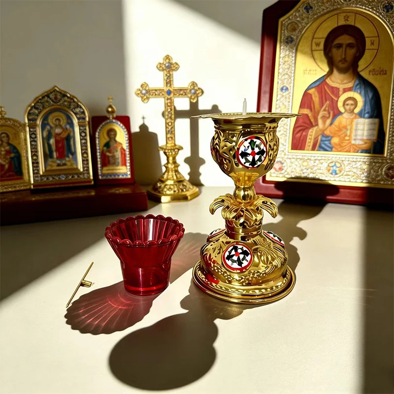 

Gold Plated Orthodox Vigil Lamp with Enamel Patterns and Red Glass Cup for Church Liturgy Home Altar Prayer Devotion Christian