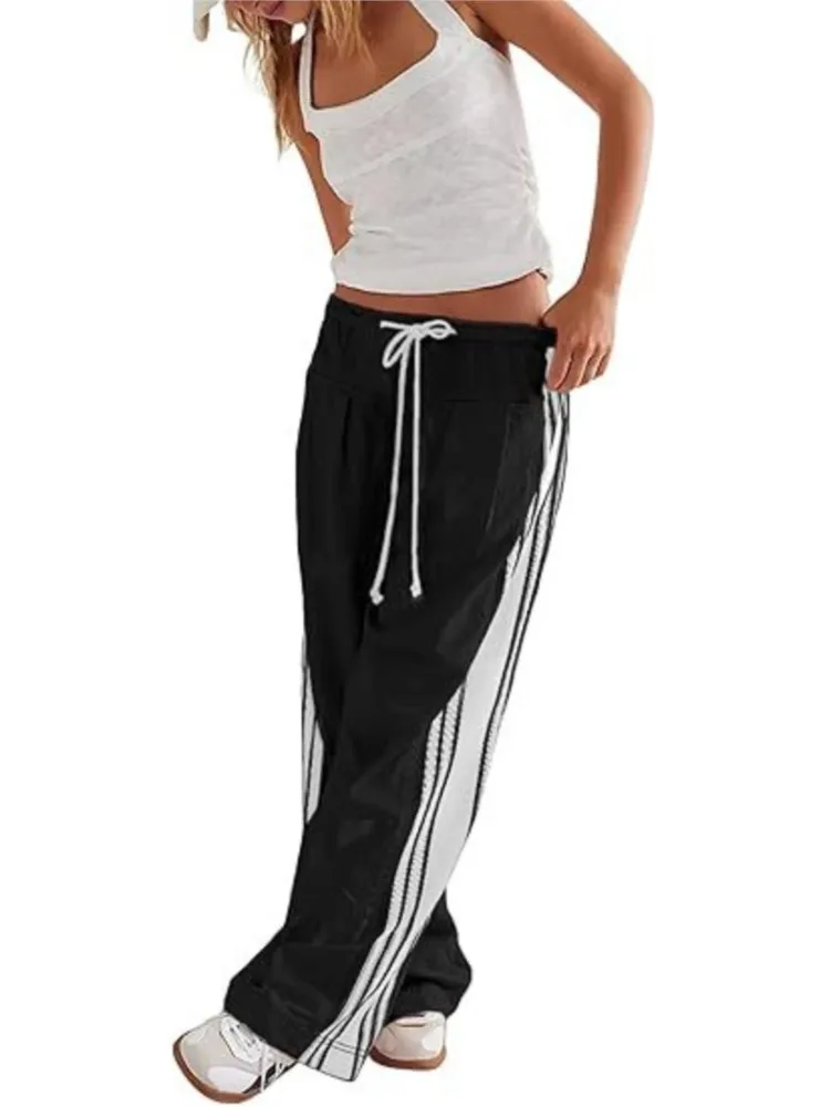 ربيع الخريف جديد الجانب مخطط مستقيم السراويل النسائية الرجعية الرياضة نمط الرباط فضفاض مريح عارضة السراويل تنوعا