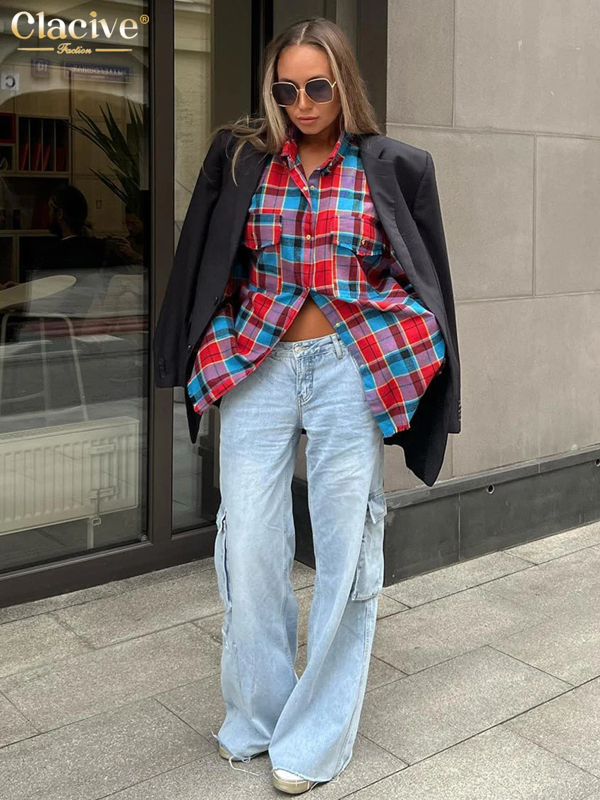 Claacive Fashion Loose Plaid Women\'S Blouse 2024 Vintage Lapel Long Sleeve Shirts Elegant Classic Blusas Top Female Clothing